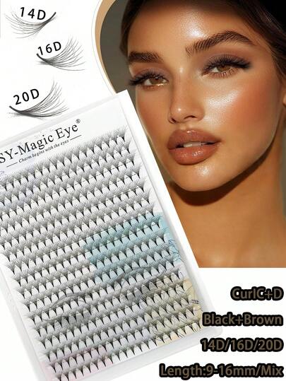 1盒320片，双层假睫毛，14D/16D/20D，厚度0.05mm，9-16mm/混合装，C/D卷度，立体效果，棕黑色，尖头底座，纤细尖头预制睫毛簇，浓密假睫毛，适用于专业、日常、婚礼、派对、角色扮演妆容。