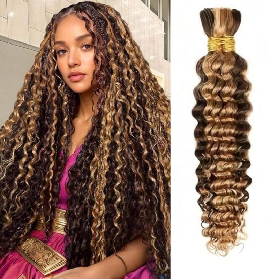110g 2 Bundles/Pack Highlight Human Braiding Hair For Boho Braids Human Curly Boho Hair For Braiding Knotless 12A Deep Wave Bulk Bohemian Natural Color - S4/27 - Xem 1