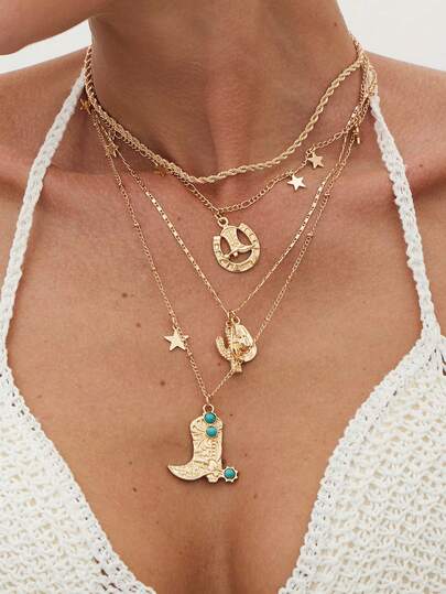 4件套波西米亚几何链条项链套装，配仿绿松石、仙人掌、五角星吊坠，奢华珠宝，适合婚礼、派对、海滩、休闲场合佩戴，是送给女性和情侣的理想礼物。