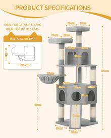HaluPeit Cat Tree, 174cm, XL, 2 Platforms, 2 Caves, 4 Scratching Posts, 1 Cat Scratching Board, Sisal Rope, Plush Balls, Cat Tree For Multi-Cat Households - Light Grey - View 8