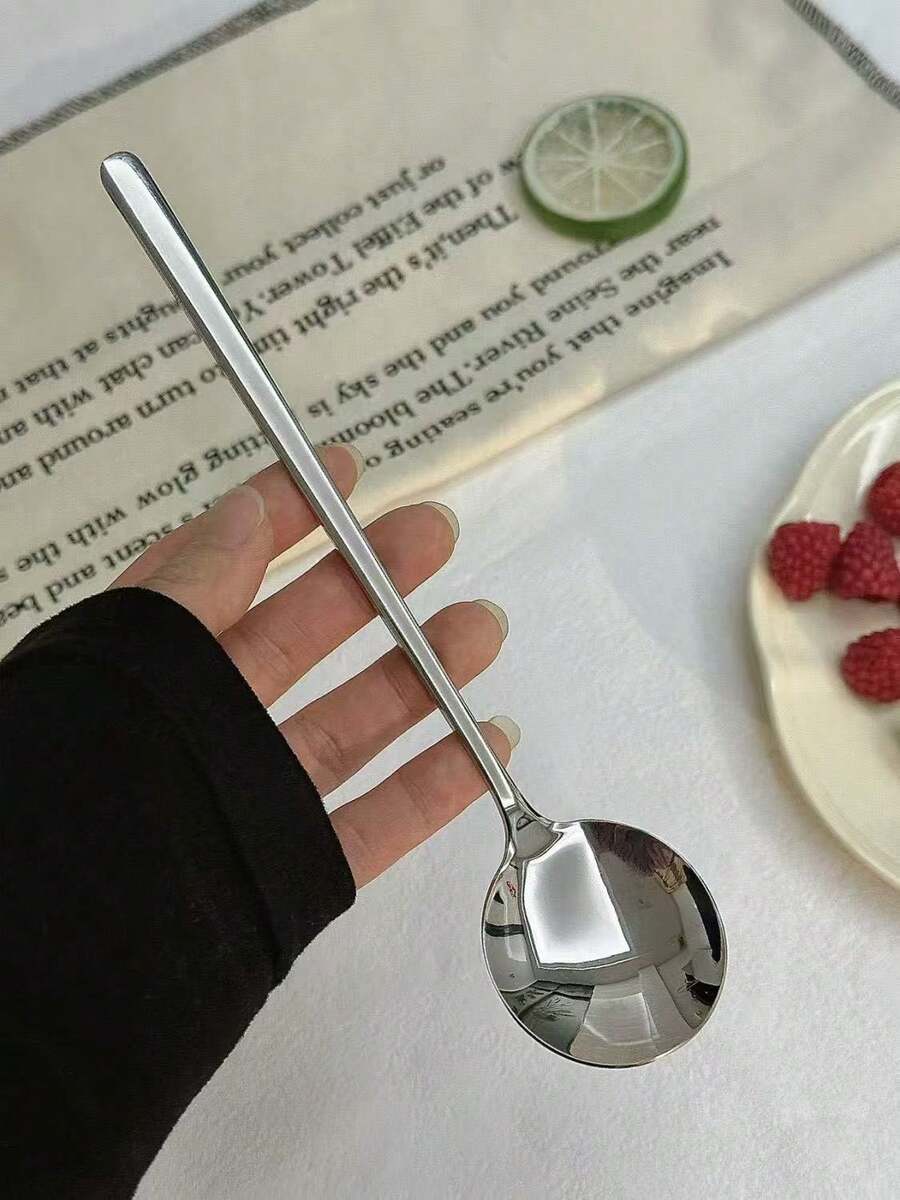 Korean Style Stainless Steel Long Handle Thick Soup Spoon, Round Head Ins Soup Ladle, High-Quality Household - Silver - View 1