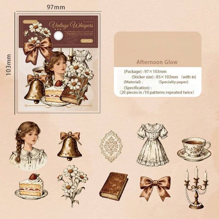 一包20张复古低语系列贴纸，采用复古欧式、少女和玫瑰花图案，独特复古风格，适用于日记本、剪贴簿、相册、笔记本电脑、手机、学生DIY文具等。 - 20 sheets per pack - 查看 13