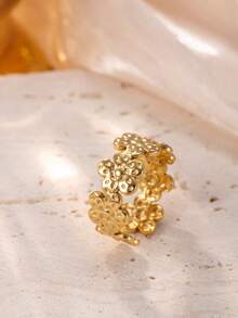 1pc Gold-Tone Stainless Steel Flower Adjustable Fashion Ring - Yellow Gold - View 3