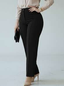 Women's High Waist Work Pants, Stretchy Business Casual Trousers, Slim Fit Office Pants, With Waist Belt Design (Belt Not Included) - Black - View 3