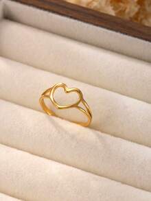 1pc Fashionable Minimalist 18K Gold Plated Stainless Steel Heart Shaped Open Ring, Suitable For Women's Daily Wear Or Gift - Yellow Gold - View 3