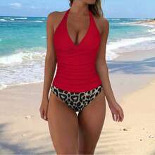 OMKAGI Women's Halter High-Waisted Swimsuit Set  Sexy V-Neck And Ruched Abdomen Slimming High-Cut Two-Piece Swimsuit - 紅色豹紋 - 查看 1