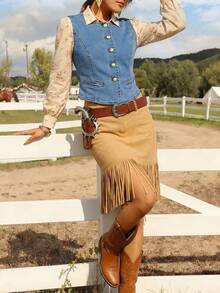 Women's Elegant Sleeveless Simple Denim Shirt - Light Wash - View 1