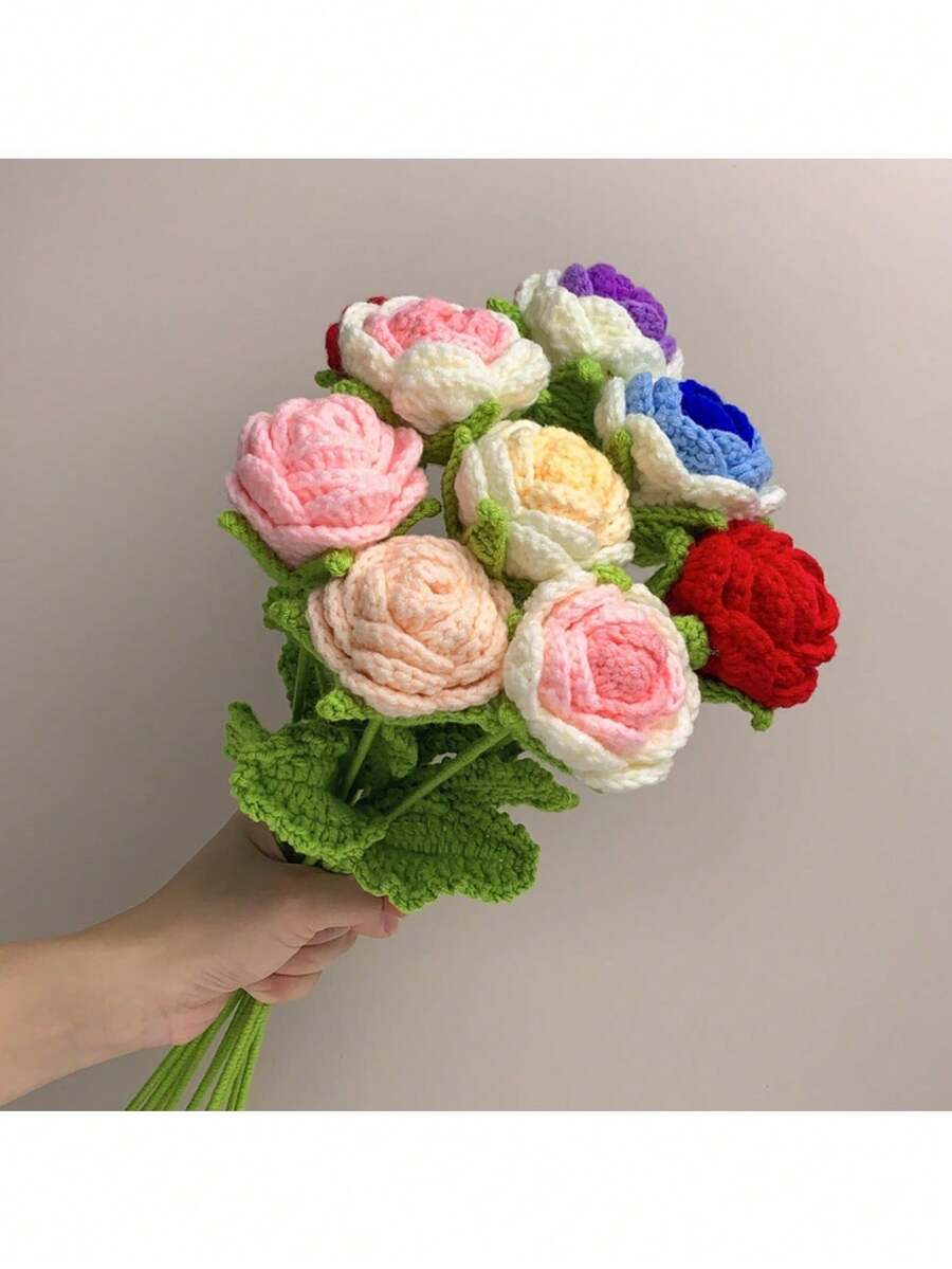 1pc Rose Weaving Bouquet, Fake Flower Handmade Crochet Simulation Flower, Knitted Flower - Multicolor - View 1