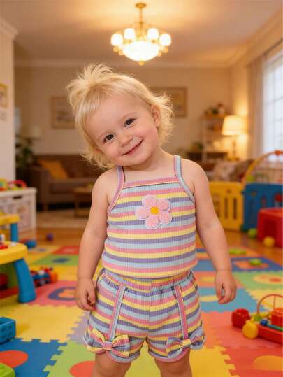 2pcs Baby Girl Summer Outfit, Cute Contrast Stripe Floral Decor Camisole Top And Bow Accent Shorts Set, Suitable For Daily Wear, Outdoor Play And Home