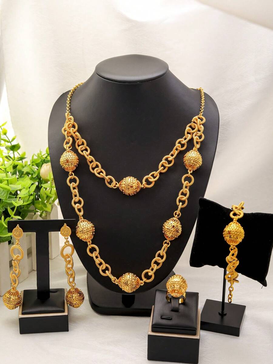 Bộ 5 dây chuyền hạt cườm châu Phi dài dành cho nữ, mạ vàng 24K, trang sức cao cấp, thích hợp làm quà tặng cô dâu, đám cưới, sinh nhật, kỷ niệm. - Vàng - Xem 1