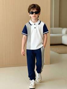 2pcs Young BoySpring/Summer Short Sleeve Polo Shirt And Drawstring Pants Set, Color Block, Casual, Comfortable, Versatile - Royal Blue - View 2