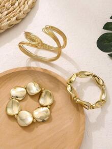 3pcs Exaggerated Geometric Style Women Bracelet Set, Vintage Personalized Stacking Bangles, Unique Jewelry Suitable For Daily And Party Wear (Bracelets Are Made Of Resin Material) - 金色 - 查看 3