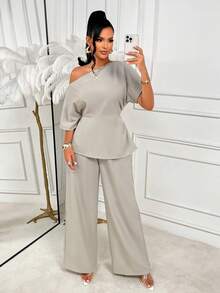 AIJ Amarilo Women's Fashion Woven Cotton-Linen Blend Asymmetrical Neck Batwing Sleeve Top & Wide Leg Pants Two Pieces Set – Ideal For Spring Break, Wedding Guest, Office & Spring Party Looks - Apricot - View 6