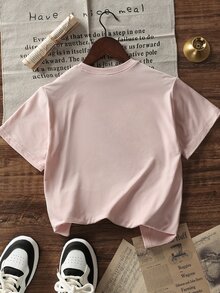 男童及青少年学生休闲灰色印花圆领短袖T恤，夏季上衣 - 粉色 - 查看 3