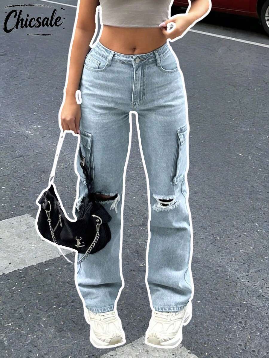 女士宽松直筒男友风阔腿破洞牛仔裤 - 淺色水洗藍 - 查看 1