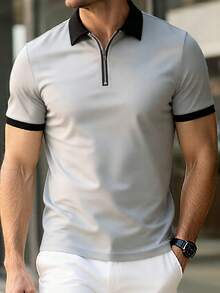 1件男士浅灰色翻领半拉链Polo衫 - 淺灰色 - 查看 1