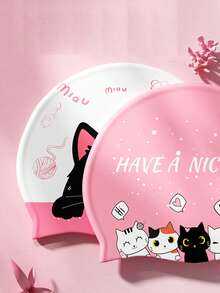 1顶硅胶学生青少年防滑泳帽，可爱卡通猫咪图案，简约粉色系列，速干气质帽 - 多色 - 查看 7