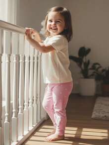 Toddler Baby Girl Bunny Ear Pants Infant Easter Outfit Spring Clothes Dot Print Fleece Legging Pants Bottoms - Pink - View 4