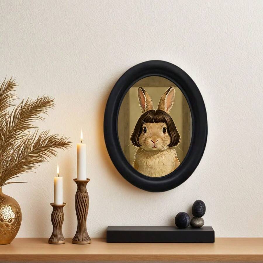1 pièce Décoration murale d'art avec chat à longs cheveux amusant, peinture murale de chat fantaisiste encadrée avec une perruque originale, mini art suspendu en bois, décoration unique pour la maison, la cuisine et le bureau, cadeau amusant, cadeau de fête - Lapin à poils longs - Voir 1