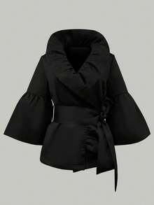 Women's Blouse, Elegant Fashion Lantern Sleeve Ruffle Collar Solid Woven Fabric Ruffle Tie Waist Blouse, Suitable For Birthday Party, New Year Spring Black - Black - View 5