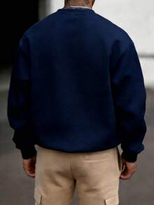 男士休闲日常通勤简约百搭马匹印花圆领卫衣，春秋季长袖上衣 - 藏蓝色 - 查看 2