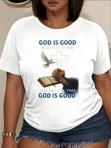 Camiseta estampada 'Orar a Dios', estilo moderno, camiseta casual de manga corta para mujer, top de cuello redondo, camiseta estampada con patrón de cuello redondo. - Blanco - Ver 2