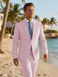 2pcs Men's 2 Piece Linen Suits For Men Slim Fit Casual Beach Wedding Summer Grooms Groomsmen Linen Blazer Pants Suit - 粉色 - 查看 11