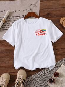 Camiseta con estampado de anuncios retro de la cadena de comida rápida Pizza Planet Aliens de Toy Story de Disney para niñas - Diseño de ropa infantil de estilo corto, casual y lindo, cómodo y casual para usar todo el año, adecuado para fiestas y juegos, lavable a máquina, regalo de ropa infantil, camisas de manga corta para niñas - Blanco - Ver 3