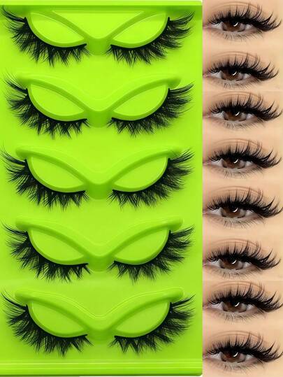 5 Pairs European And American Style Green Fox Eye Thick Curly False Eyelashes, Essential For Beginners