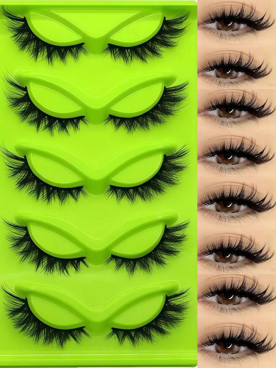 5 Pairs European And American Style Green Fox Eye Thick Curly False Eyelashes, Essential For Beginners - Cat Eye Lashes - View 1