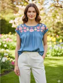 Blusa denim con flores bordadas casual elegante dama mujer tejido ligero formal suave recto amplio cómodo fresco calor día noche vacaciones playa jardín primavera verano calle diario cumpleaños - Azul - Ver 1