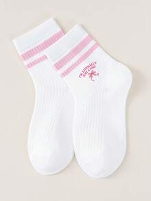 5 Pairs Kids Pink Striped Letter Bow Print Breathable Mid-Calf Socks - Multicolor - View 6