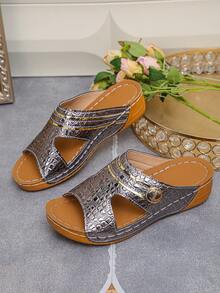 Plus Size 36-45 European And American Casual Black Slip-On Sandals, Women's New Summer Thick Bottom Wedge Sandals, Non-Slip Comfortable Beach Holiday Casual Sandals - Gunmetal Crocodile Pattern - View 7