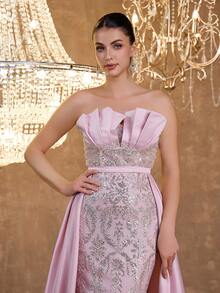 Elegant Sexy Off-Shoulder Mermaid Hem Dress With Satin Ruched Bust, Beaded, Sequin & Lace Embroidery Party - Baby Pink - View 2