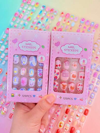 120pcs Children's Fake Nails, 5 Packs Of 120pcs Cute Strawberry, Cherry, Watermelon Lip Short Acrylic Full Cover Children's Fake Nail Set, Suitable For Valentine's Day, Christmas Gifts For Girls