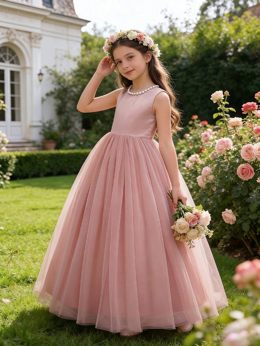 Váy hở lưng đính ngọc trai nơ thanh lịch cho bé gái, váy dạ hội công chúa cho bé gái rải hoa, tiệc tùng, đám cưới, sinh nhật, vũ hội, tốt nghiệp, mùa hè - Bụi hồng - Xem 1