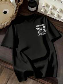 Boys' Simple Casual T-Shirt, Summer Beach Style Mountain Sea Tree Pattern Round Neck Short Sleeve T-Shirt, Young Boy New Summer Short Sleeve Top - Black - View 3