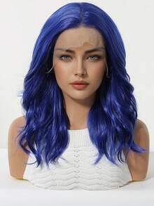 16-Inch Long Dark Blue Hair With Soft Waves Layered Wig Synthetic Natural Looking Wigs Lace Front Wigs 13*4 Hand Woven Lace Chemical Fiber Hair Daily Daily Imported Silk Party Wedding Music Festival Halloween Gift - Multicolor - View 3