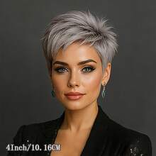 Peluca de cabello humano brasileño con flequillo, color gris, corte pixie de 4 pulgadas, sin pegamento, fácil de usar para cosplay, look recto y con capas, ideal para cosplay, fiestas y citas de mujeres, uso de bailarines/raperos de música Hi-POP, estilo coreano y K-Pop, con estilos versátiles (casual, elegante, preppy, modesto, romántico, glamoroso, vintage, deportivo, lindo, real, simple, vacacional, diario, festivo) - SGray - Ver 5