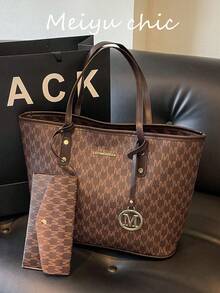 Tas Bahu Musim Dingin Terbaru, Warna Solid, Bahan PU Tahan Air, Desain Cetak Huruf Seluruh Badan, Tas Tangan Kapasitas Besar, Kombinasi 2-in-1, Tas Kerja/Komuter, Cocok untuk Belanja, Perjalanan, Pelajar, Pekerja Kantoran, dll. - Coffee Brown - View 7