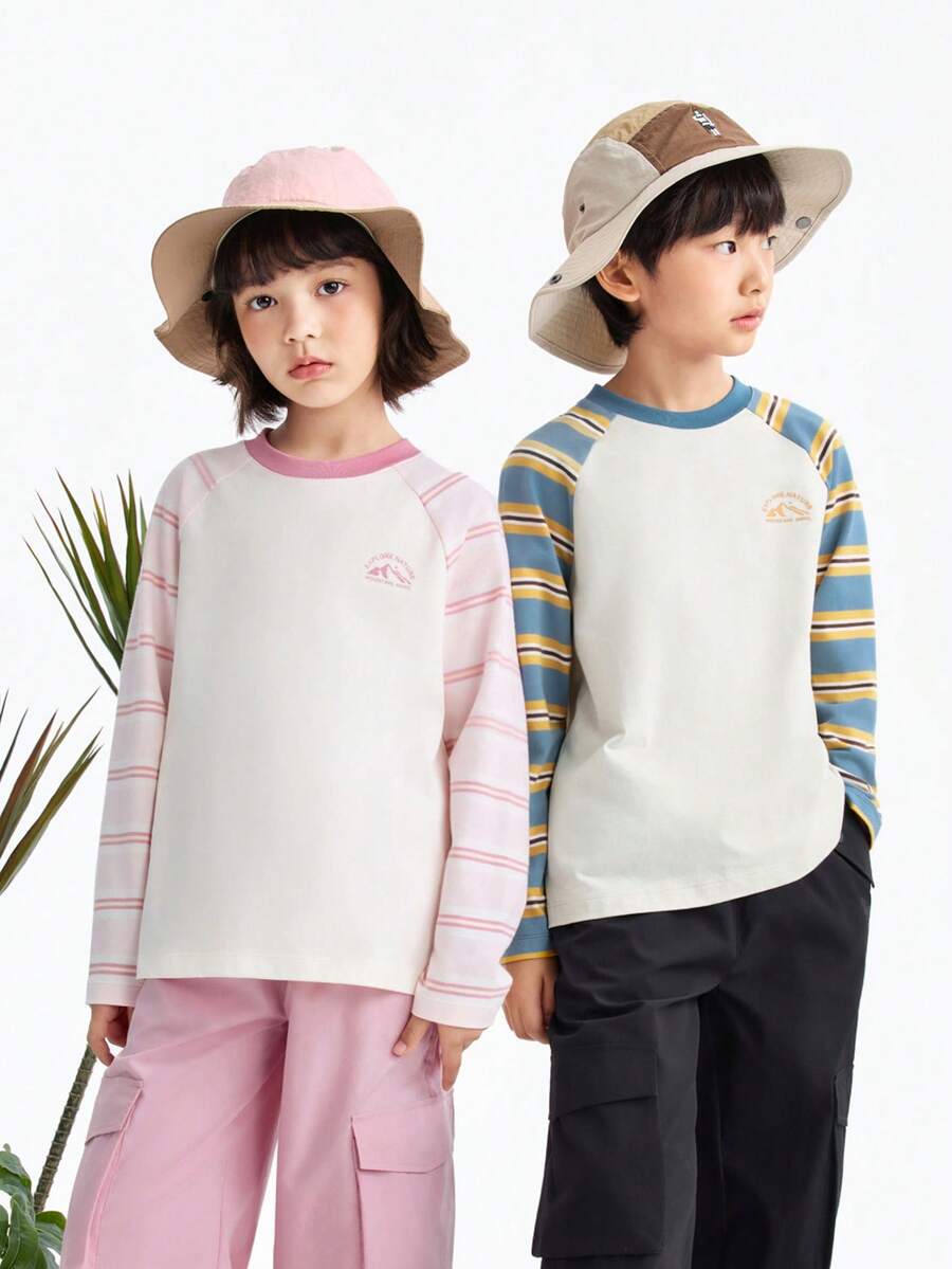 Annil [Quick-Drying Pure Cotton T-Shirt] Children's Striped Raglan Sleeve T-Shirt For Boys And Girls, New Spring Style, Moisture-Wicking And Breathable. - Pink Flowers - View 1