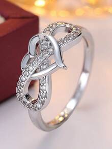 1pc Luxury Heart-Shaped Ring For Women, White Gold Plated Fully Studded Sparkling Band, Unique Princess Style Finger Ring, Valentine's Day Gift - Ring - View 10