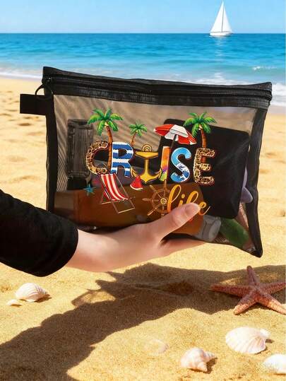 1pc Island Element & "Crilse" Letter Printed Mesh Makeup Bag, Beach Tote Bag, Ideal For Summer Beach Fun. Coconut Tree Pattern, Portable Storage Bag, Cosmetic Pouch, Skincare Organizer, Travel Essential, Dorm Supplies, Bridal Gift