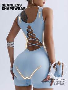 Light Blue Seamless Criss-Cross Backless Padless Romper Shorts - Baby Blue - View 1