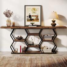 LITTLE TREE 180cm Industrial Extra Long Narrow Console Table With Storage, Multi-Use Sofa Table & TV Stand, Rustic Brown & Black - Brown - View 6