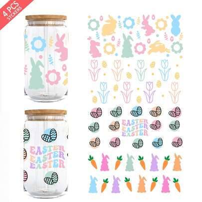 4pcs Easter Bunny Theme UV DTF Cup Wrap For 16oz Libbey Glass - Waterproof 3D Crystal Transfer Sticker For DIY Crafting, Mugs, Laptops