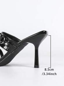 时尚漆皮铆钉搭扣露趾无后跟夜店风格女士一脚蹬细高跟凉鞋 - 黑色 - 查看 9