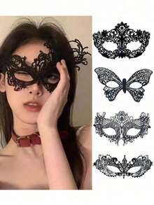 4pcs Lace Face Mask, Sexy Black Lace Embroidered Eye Mask, Cosplay Prop Mask Suitable For Halloween Masquerade - Multicolor - View 8