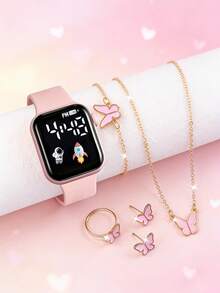 6 件优雅简约 LED 方形数字腕表和蝴蝶手链项链耳环戒指首饰套装，宇航员火箭发光设计，适合儿童返校、日常佩戴和生日礼物 - 粉色 - 查看 7