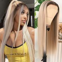 13X4 Purple Hair Synthetic Lace Front Wigs 26 Inch Pre Plucked Long Straight Hair Wigs 13X4 HD Lace Wigs Glueless Dark Purple Colored Wigs Heat Resistant Halloween Wigs Deep Purple Long Silky Straight Lace Front Wigs For Fashion Women For Daily Christmas Party Cosplay Use - 漸變金色 - 查看 2